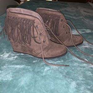 Brown wedge fringe boot size 8